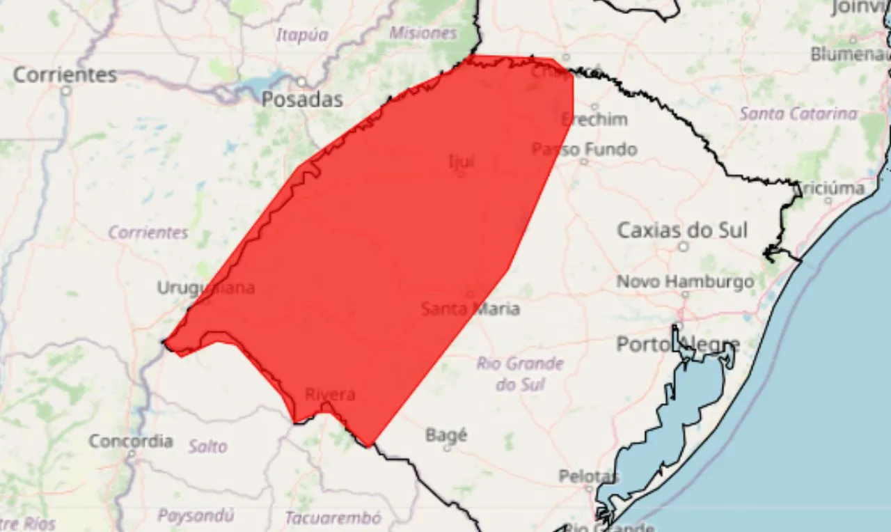 o mapa mostra as &aacute;reas em alerta para acumulo de chuva significativa